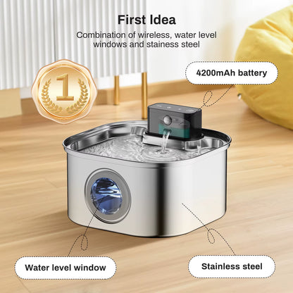 💧 3.2L Stainless Steel Wireless Pet Water Fountain – Battery-Powered with Motion Sensor & Silent Filtration